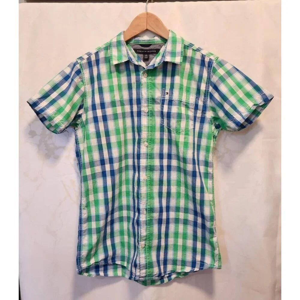 Tommy Hilfiger Button Up Shirt Youth Boys XL Short Sleeve Blue/Green Plaid